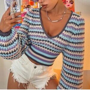 Zara Boho Retro Striped Knit Rare Oversized Bishop Long Sleeve Open Neck Sweater